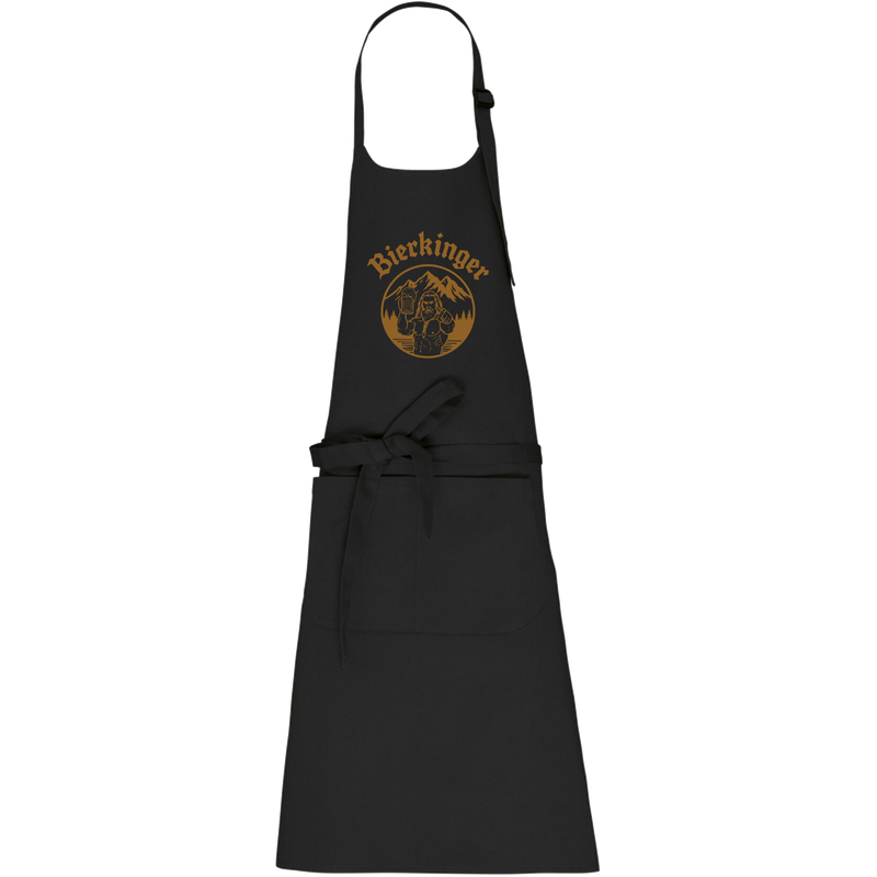 Bierkinger Grillschürze in Schwarz mit goldenem Logo, Fronttasche und verstellbarem Nackenband
